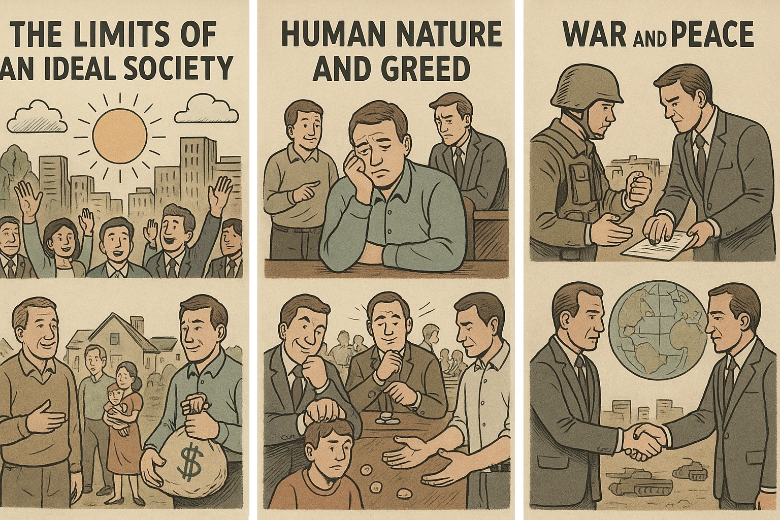 Illustration showing a soldier, a diplomat signing papers, and leaders shaking hands under the title ‘War and Peace’, representing the paradox of seeking peace while preparing for war