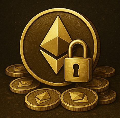 이더리움 로고가 새겨진 금빛 코인 위에 자물쇠가 얹혀 있는 모습. 이더리움 스테이킹의 ‘잠금’과 ‘보상’을 상징하는 이미지.