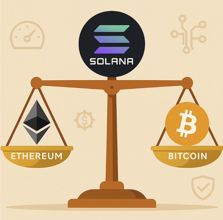솔라나 로고가 중앙에 있고 좌우로 이더리움·비트코인 로고가 저울처럼 배치된 일러스트. 각 체인의 특징을 상징하는 아이콘과 함께 비교를 표현.