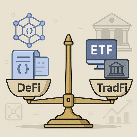 한쪽에는 블록체인과 스마트컨트랙트, 다른 쪽에는 증권거래소 건물이 있는 저울 이미지.
