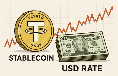 테더(USDT) 코인과 달러 지폐가 나란히 놓여 있고, 환율 차이를 보여주는 그래프가 배경에 있는 이미지.
