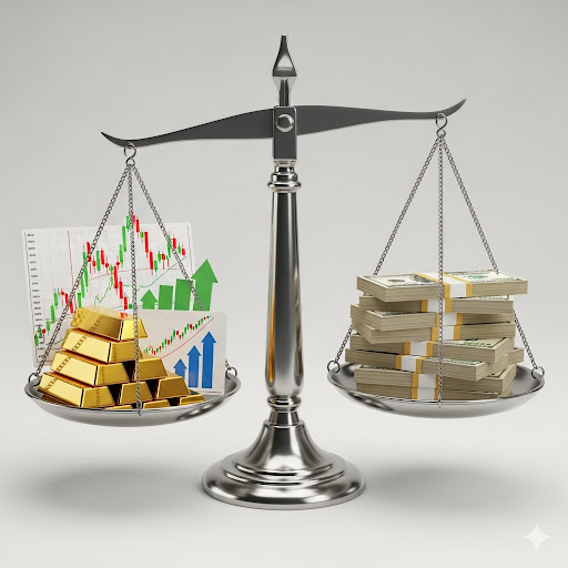 주식, 채권, 금, 현금이 저울 위에서 완벽하게 균형을 이루고 있는 자산배분 전략 일러스트