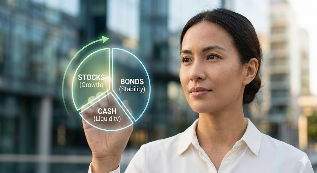 주식 포트폴리오 차트와 금덩어리가 저울 위에서 균형을 이루는 자산배분 금 투자 비중 일러스트