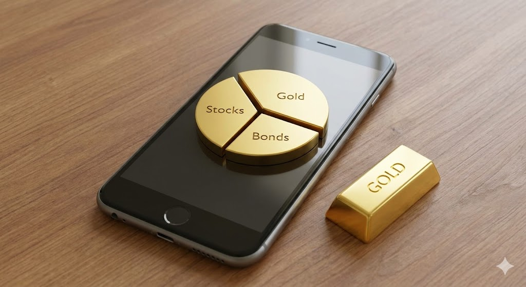 스마트폰 투자 앱에서 주식과 금 비중을 조절하며 나만의 금 투자 비중을 세우는 클로즈업 사진