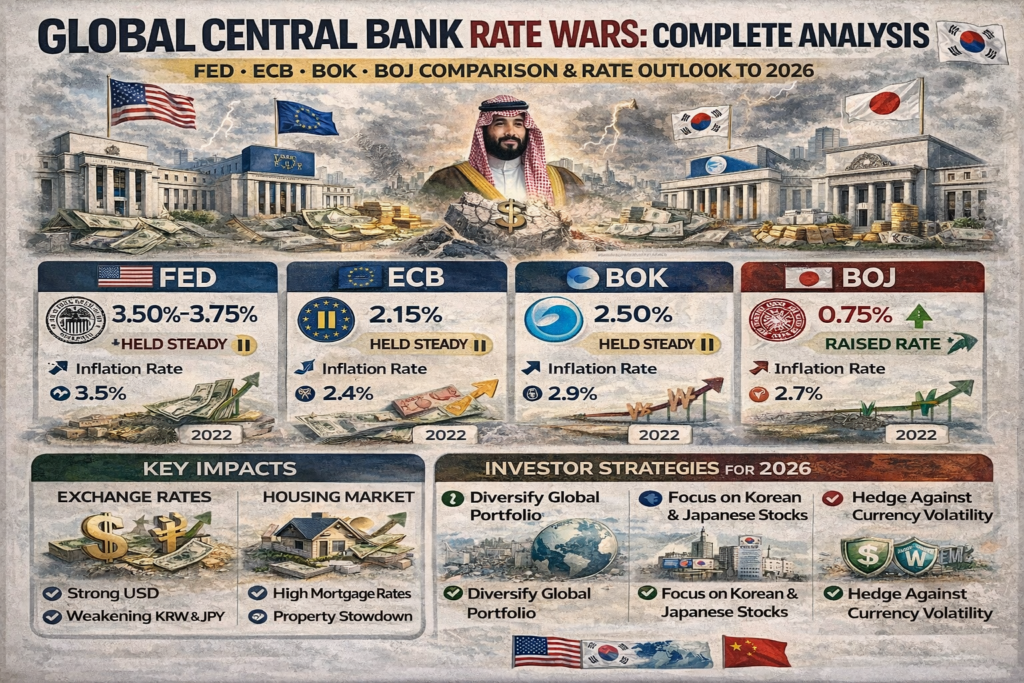 세계 중앙은행 금리 전쟁 완전 분석: 연준·ECB·한은·일본은행 비교 | 2026년 금리 시나리오와 투자 전략