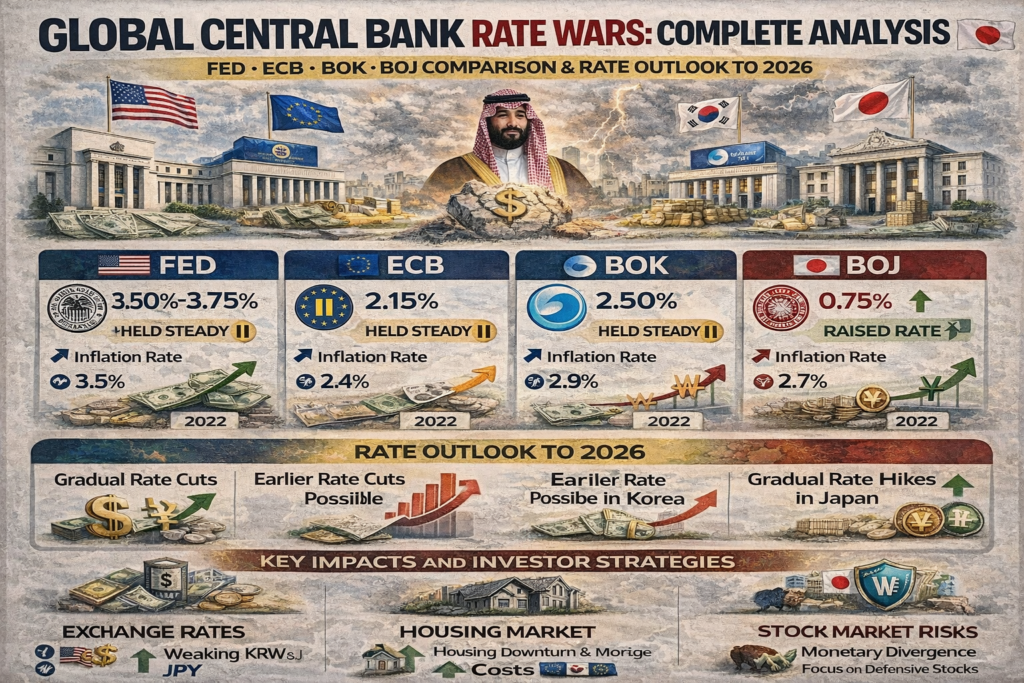 세계 중앙은행 금리 전쟁 완전 분석: 연준·ECB·한은·일본은행 비교 | 2026년 금리 시나리오와 투자 전략
