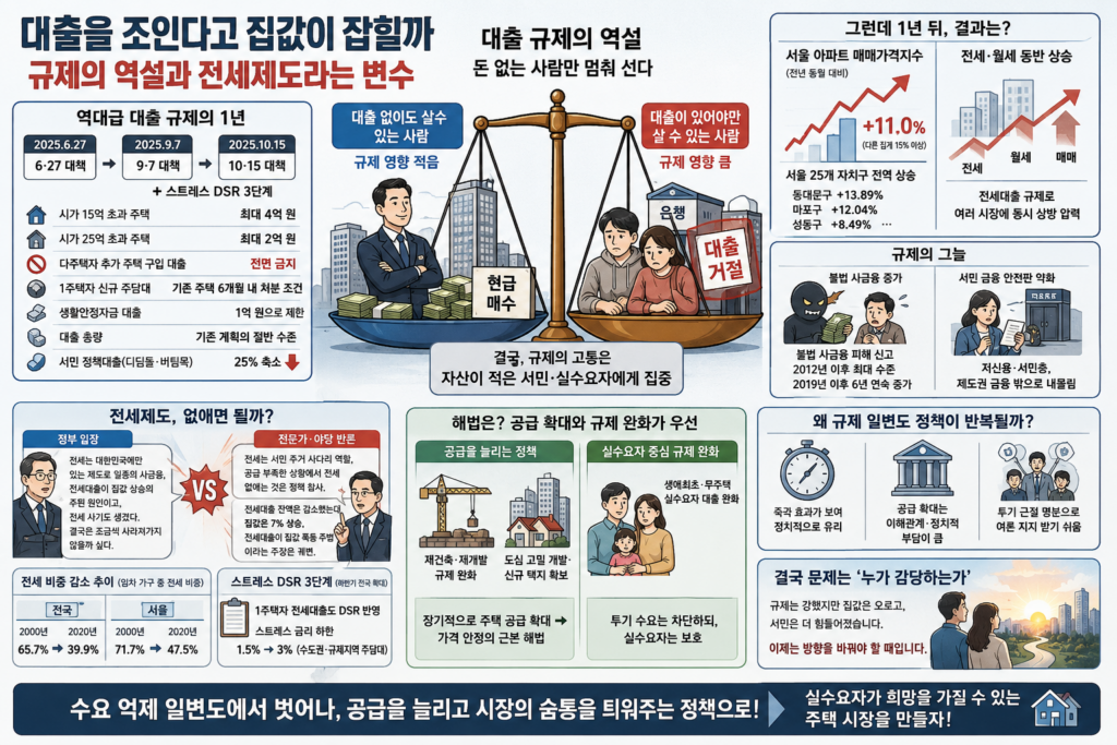 대출을 조인다고 집값이 잡힐까 — 규제의 역설과 전세제도라는 변수