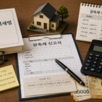 상속 서류와 계산기, 집 모형이 놓인 책상을 나타낸 이미지