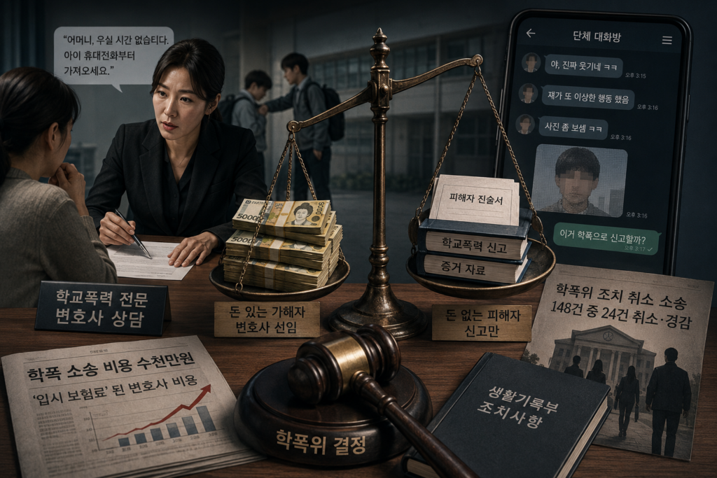 법정 저울과 스마트폰 화면을 배경으로 한 학교폭력 변호사 상담 이미지