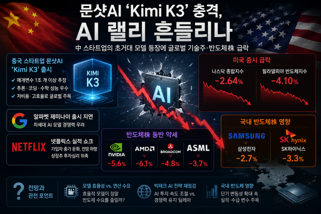 중국 스타트업 문샷AI가 내놓은 초거대 모델 'Kimi K3'가 미국 반도체株를 강타했다. 나스닥과 필라델피아반도체지수가 동반 급락한 가운데 알파벳의 제미나이 출시 지연, 넷플릭스의 실적 쇼크까지 겹치며 AI 랠리의 방향성에 물음표가 붙고 있다. 삼성전자·SK하이닉스 등 국내 반도체株로도 충격이 번지는 이번 사태의 배경과 전망을 짚었다.
