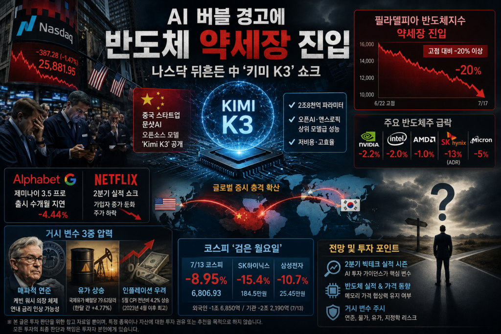 중국 문샷AI의 오픈소스 모델 '키미 K3' 공개가 뉴욕 반도체주 투매를 촉발하며 필라델피아 반도체지수가 약세장에 진입했다. 코스피도 동반 폭락하는 등 AI 버블 논쟁이 전 세계 증시를 흔들고 있다.