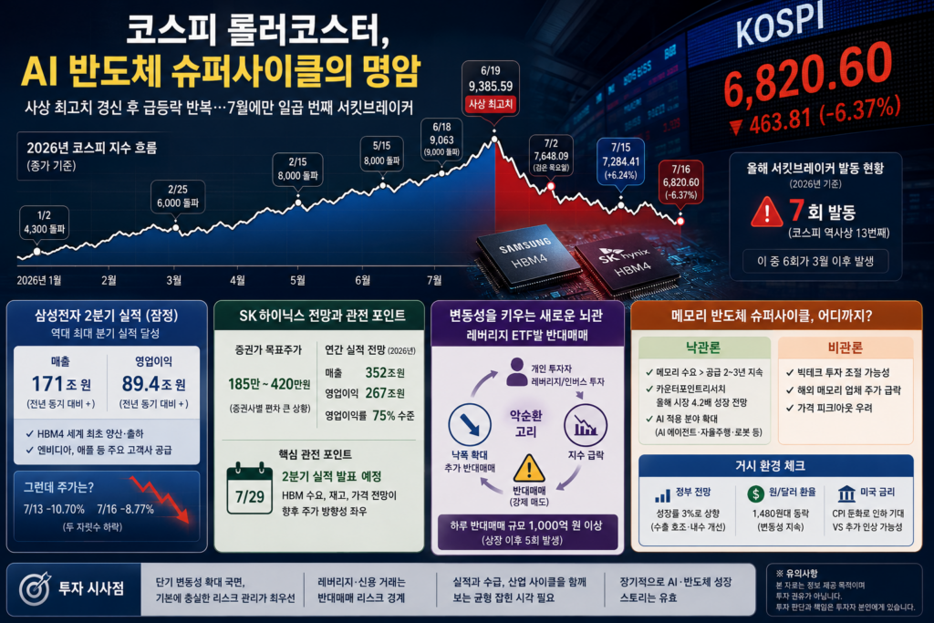 코스피 롤러코스터, AI 반도체 슈퍼사이클의 명암 코스피 롤러코스터, AI 반도체 슈퍼사이클의 명암 불과 한 달 전만 해도 코스피는 9,000선을 넘어 9,385포인트까지 찍으며 축포를 준비하고 있었다. 그런데 7월 들어서는 상황이 완전히 달라졌다. 하루는 6%대 폭등, 다음 날은 다시 6%대 폭락. 올해만 벌써 일곱 번째 서킷브레이커가 발동됐고, 시가총액 7,000조 원을 넘겼던 국내 증시는 삼성전자와 SK하이닉스의 주가가 하루 만에 두 자릿수 등락을 반복하는 롤러코스터 장세에 갇혀 있다. 흥미로운 점은 이 모든 혼란의 한복판에서 삼성전자가 역대 최대 분기 영업이익을 발표했다는 사실이다. 실적은 사상 최고인데 주가는 왜 힘을 못 쓰는가. 이 글에서는 6월 사상 최고치부터 7월 중순까지 코스피를 뒤흔든 흐름을 정리하고, 그 배경이 된 메모리 반도체 슈퍼사이클 논쟁, 레버리지 상장지수펀드(ETF)발 반대매매라는 새로운 뇌관, 그리고 증권가와 정부의 시각까지 종합적으로 짚어본다. 단순히 오늘의 지수 등락을 나열하는 데 그치지 않고, 왜 유독 한국 증시가 다른 나라 증시보다 큰 폭의 변동성을 겪고 있는지, 그리고 이 변동성이 개인 투자자들에게 어떤 의미를 갖는지까지 함께 살펴보고자 한다.
