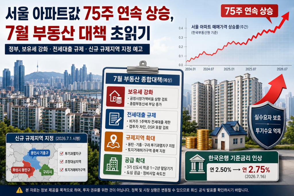 서울 시내 아파트 단지와 상승 그래프를 함께 표현한 부동산 시장 이미지