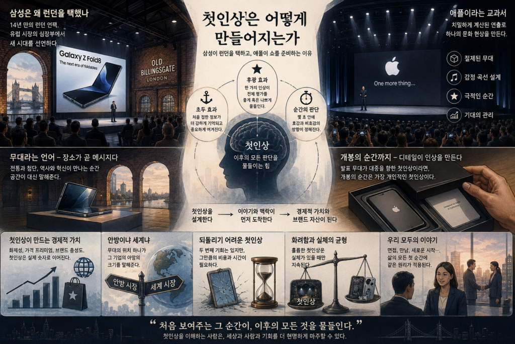 첫인상은 어떻게 만들어지는가 — 삼성이 런던을 택하고, 애플이 쇼를 준비하는 이유 첫인상은 어떻게 만들어지는가 — 삼성이 런던을 택하고, 애플이 쇼를 준비하는 이유 삼성 폴드8 삼성전자가 2026년 7월, 새 폴더블 스마트폰 갤럭시 Z 폴드8을 세상에 처음 내놓았다. 그런데 이 발표가 열린 곳은 삼성의 안방인 서울이 아니었다. 무대는 영국 런던, 그것도 템스강변의 오래된 수산시장을 개조한 올드 빌링스게이트라는 공간이었다. 삼성이 런던에서 언팩 행사를 연 것은 무려 14년 만이라고 한다. 한국을 대표하는 기업이, 한국이 자랑하는 첨단 제품을, 굳이 수천 킬로미터 떨어진 유럽의 도시에서 먼저 선보인 것이다.