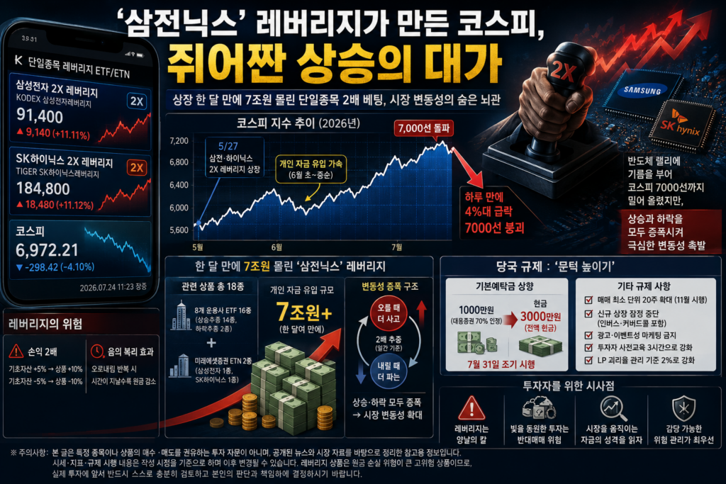 삼성전자·SK하이닉스 단일종목 레버리지 ETF 시세가 표시된 증권 거래 화면과 급등락 그래프