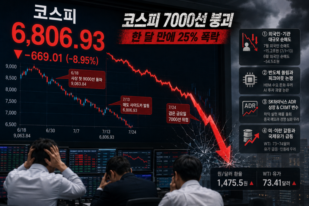 코스피 지수 급락을 나타내는 전광판 앞에서 하락한 그래프를 바라보는 투자자들의 모습
