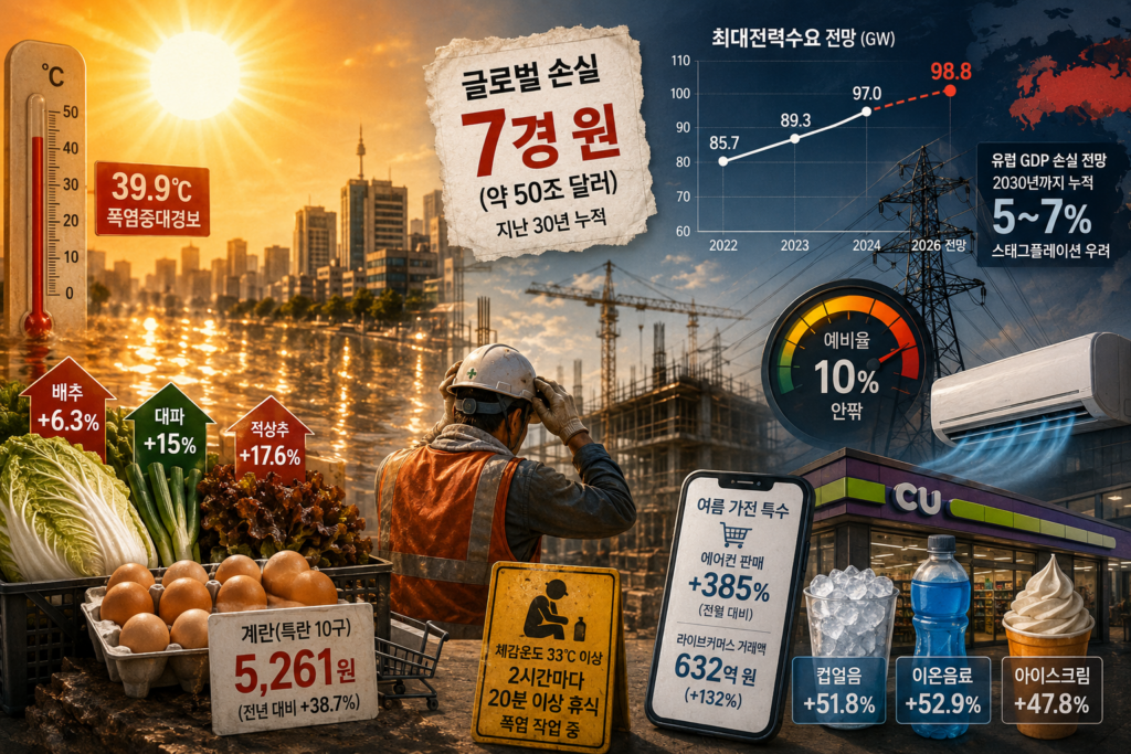 뜨거운 태양 아래 아지랑이가 피어오르는 도시와 치솟는 물가·전력 그래