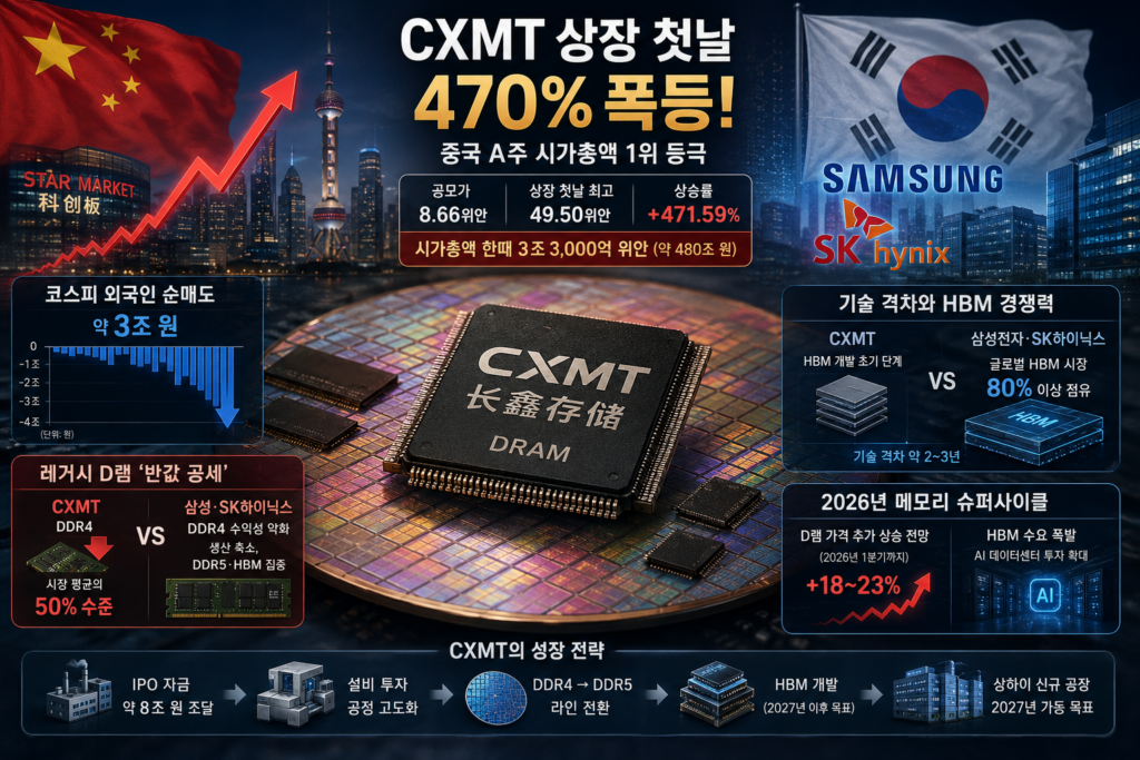실리콘 웨이퍼 위 D램 반도체 칩과 중국·한국 반도체 경쟁을 상징하는 이미지
