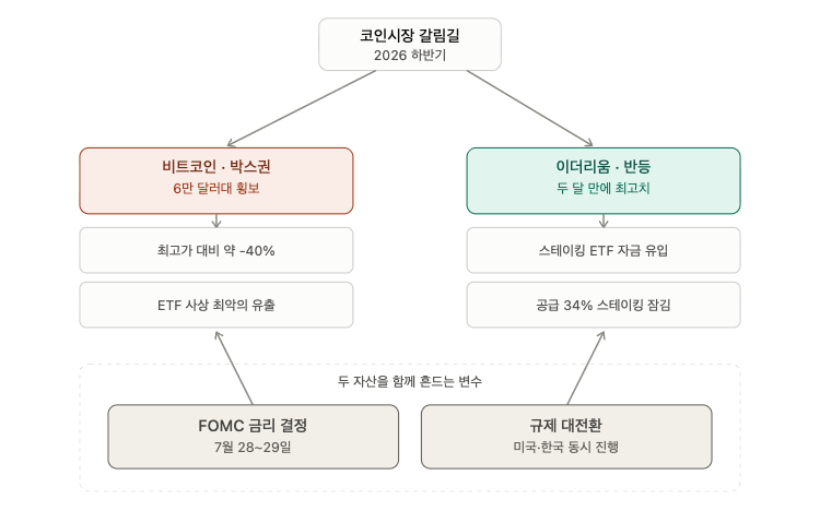 비트코인 전망과 이더리움 동전이 상승·하락 화살표와 함께 놓인 암호화폐 시장 이미지