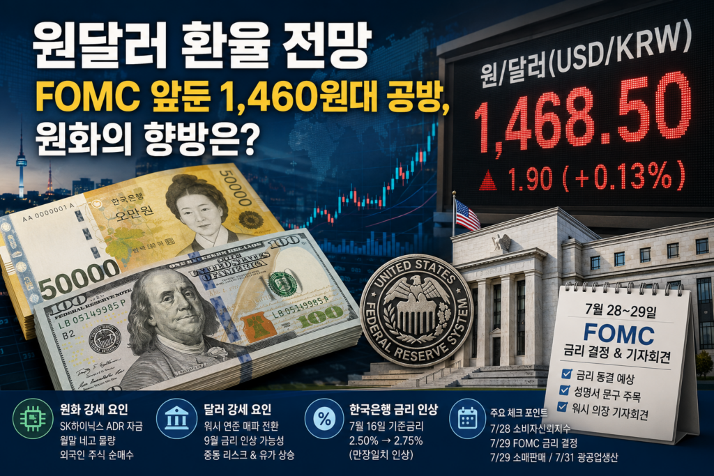 원달러 환율 전망: FOMC 앞둔 1,460원대 공방 2026년 하반기 외환시장의 최대 화두는 단연 원달러 환율 전망입니다. 7월 28일과 29일 이틀간 열리는 미국 연방공개시장위원회(FOMC)를 코앞에 두고 서울외환시장은 숨을 죽인 채 방향을 탐색하고 있습니다. 7월 27일 원·달러 환율은 전 거래일보다 1.9원 오른 1,468.5원에 마감했고, 장중에는 1,450원대 중반까지 내려갔다가 다시 반등하는 등 하루에도 수차례 방향을 바꾸며 팽팽한 줄다리기를 이어갔습니다. 1개월물 차액결제선물환(NDF) 환율이 1,458.95원 부근에서 형성된 점을 감안하면, 시장은 단기적으로 완만한 하락과 반등이 뒤섞인 혼조세를 예상하고 있는 셈입니다.