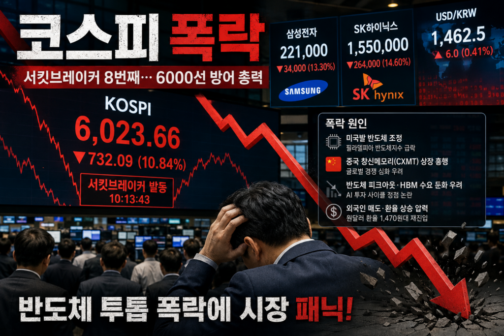코스피 폭락, 서킷브레이커 8번째…6000선 방어 총력 2026년 7월 28일, 국내 증시는 하루 만에 시가총액 수백조 원이 증발하는 충격적인 하루를 보냈다. 이날 코스피 폭락은 단순한 조정을 넘어 시장 전체를 마비시킨 사건이었다. 코스피 지수는 전 거래일보다 732.09포인트(10.84%) 급락한 6,023.66에 장을 마감했고, 장중 낙폭이 8%를 넘어서면서 오전 10시 13분 43초를 기해 유가증권시장에 서킷브레이커가 발동됐다. 이는 올해 들어 무려 여덟 번째 서킷브레이커 발동으로, 국내 자본시장 역사상 유례를 찾기 어려운 극단적 변동성 국면이 이어지고 있음을 보여준다.