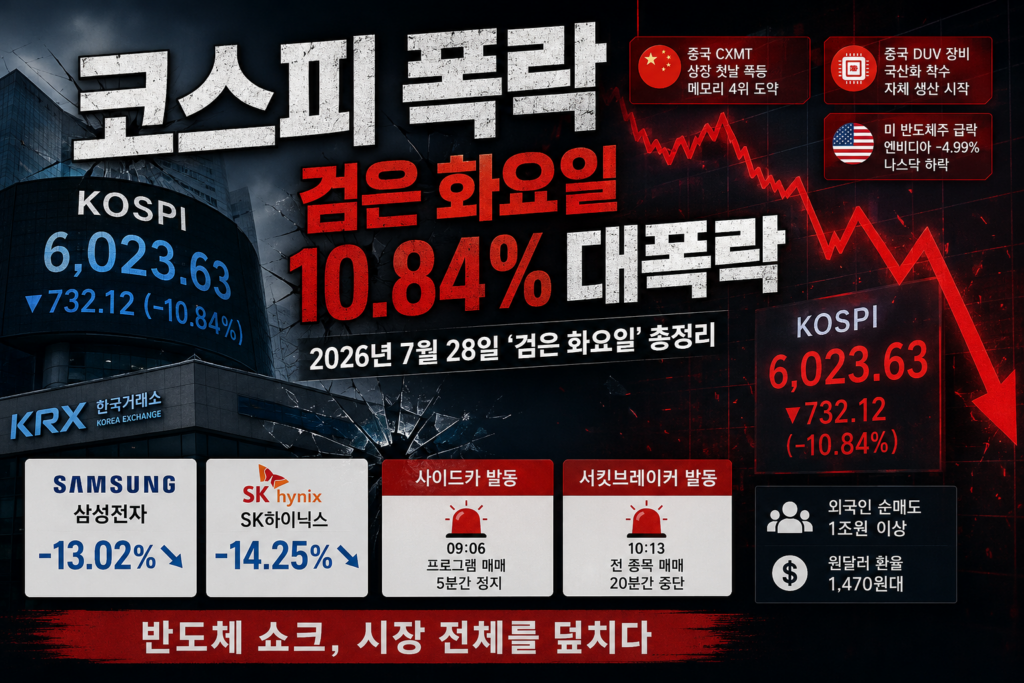 코스피 폭락, 검은 화요일 10.84% 대폭락 총정리 2026년 7월 28일, 국내 증시는 '검은 화요일'로 기록될 만한 하루를 보냈습니다. 이날 코스피 폭락은 단순한 조정이 아니라 시장 전체를 공포로 몰아넣은 패닉성 매도였습니다. 코스피는 전 거래일보다 732.12포인트(10.84%) 급락한 6,023.63으로 장을 마쳤고, 장중 한때 6,000선마저 위협받았습니다. 개장 직후 매도 사이드카가 발동됐고, 오전 10시 13분에는 서킷브레이커까지 걸리며 20분간 거래가 멈추는 초유의 장세가 펼쳐졌습니다. 불과 두 달 전 사상 처음으로 7,000선을 넘어섰던 코스피가 어떻게 하루 만에 이토록 무너졌는지, 그 배경과 파장을 차분히 짚어보겠습니다.