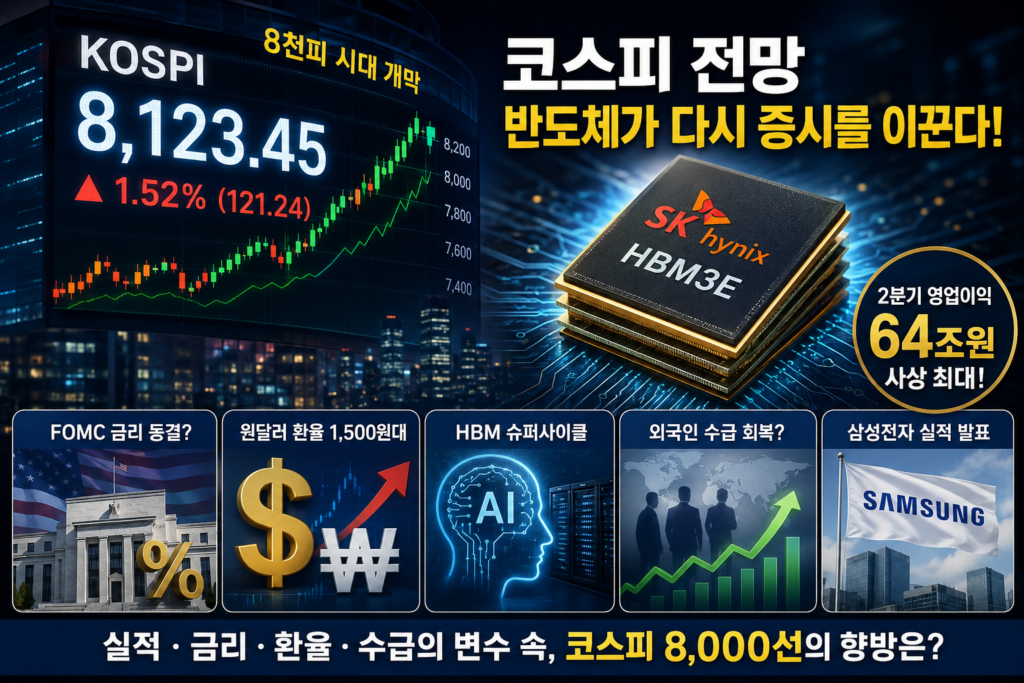 코스피 전망을 보여주는 증시 전광판과 반도체 HBM 그래프