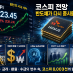 코스피 전망을 보여주는 증시 전광판과 반도체 HBM 그래프