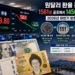 원달러 환율 전망을 보여주는 외환시장 전광판과 달러·원화 지폐 이미지
