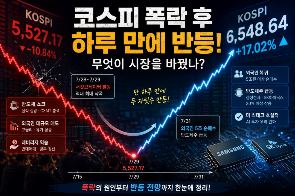 코스피 폭락 원인과 반등 전망, 반도체 쇼크 총정리 2026년 7월의 코스피 폭락은 한국 증시 역사에 한 획을 그은 사건으로 기록될 전망입니다. 불과 한 달 사이 지수가 30% 가까이 무너지며 1998년 외환위기, 2008년 글로벌 금융위기, 2020년 코로나19 쇼크의 월간 낙폭마저 넘어섰기 때문입니다. 그런데 반전은 극적이었습니다. 개미들의 곡소리가 절정에 달했던 바로 다음 거래일인 7월 31일, 코스피는 반도체주 급등과 외국인 복귀에 힘입어 장중 두 자릿수 폭등하며 단숨에 6,000선을 되찾았습니다. 이 글에서는 이번 코스피 폭락이 어떻게 시작됐고, 무엇이 시장을 벼랑 끝으로 몰았으며, 정오 현재 진행 중인 반등이 어디까지 이어질 수 있을지 차분히 짚어봅니다.