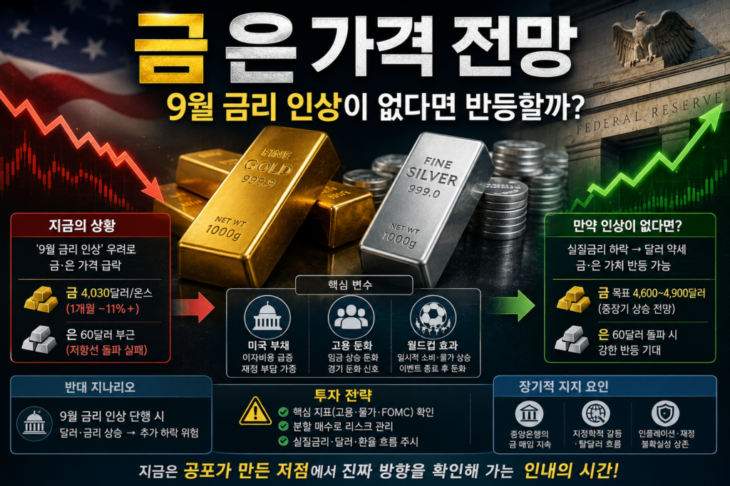 금 은 가격 전망을 보여주는 금괴와 은괴, 상승 그래프 이미지