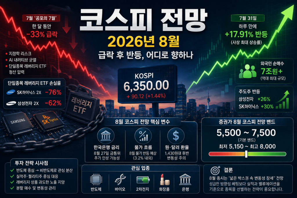 코스피 전망을 보여주는 2026년 8월 증시 전광판과 코스피 지수 그래프