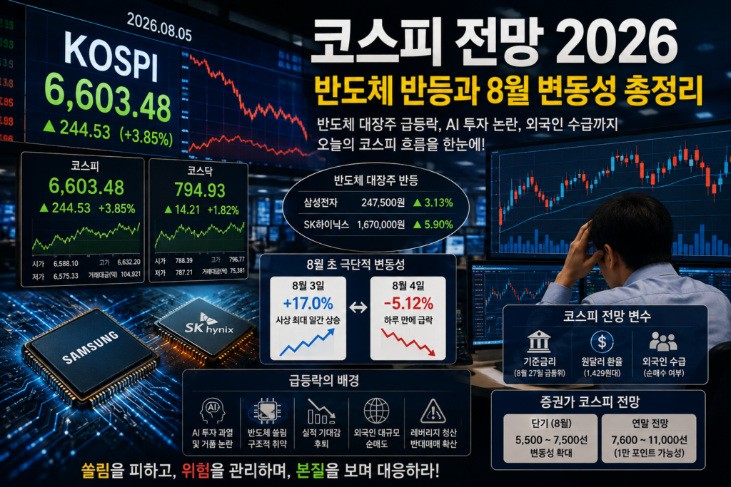 코스피 전망을 보여주는 전광판 앞에서 반도체주 급등락을 지켜보는 투자자