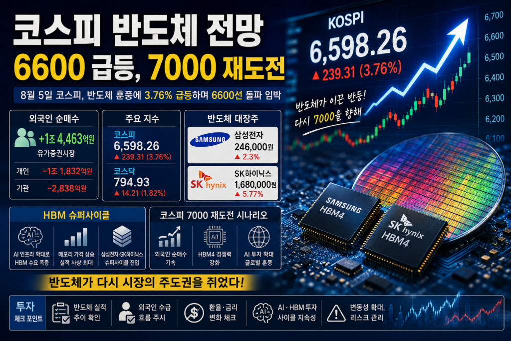 코스피 반도체 전망|6600 급등, 7000 재도전 코스피 반도체 전망|6600 급등, 7000 재도전 2026년 8월 5일, 코스피 반도체 전망을 둘러싼 시장의 분위기가 하루 만에 극적으로 바뀌었다. 이날 코스피는 전 거래일보다 239.31포인트, 무려 3.76% 오른 6598.26에 거래를 마치며 6600선 코앞까지 치솟았다. 불과 며칠 전 5%대 급락으로 투자자들을 얼어붙게 만들었던 지수가, 반도체 업종의 부활 신호 하나로 이틀 만에 낙폭을 대부분 되돌린 것이다. 지수는 6603.48로 출발해 장중 한때 6674.66까지 뛰어올랐다. 시장이 다시 '반도체'라는 단어에 이토록 민감하게 반응한다는 사실 자체가, 지금 국내 증시의 무게중심이 어디에 있는지를 그대로 보여준다.