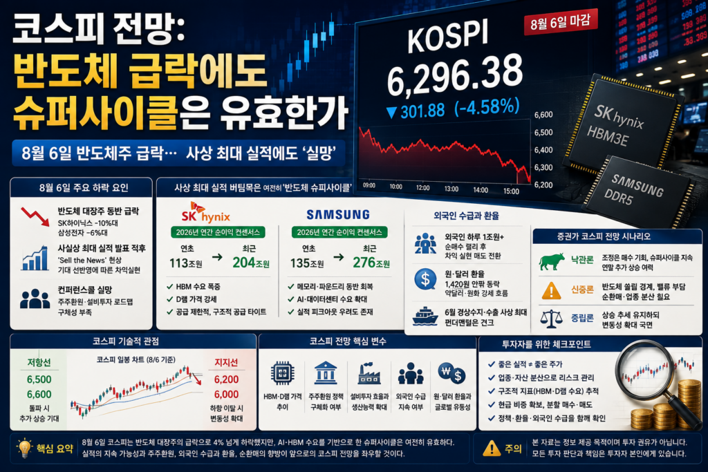 코스피 전망을 상징하는 반도체 반등과 조정을 나타내는 국내 증시 전광판