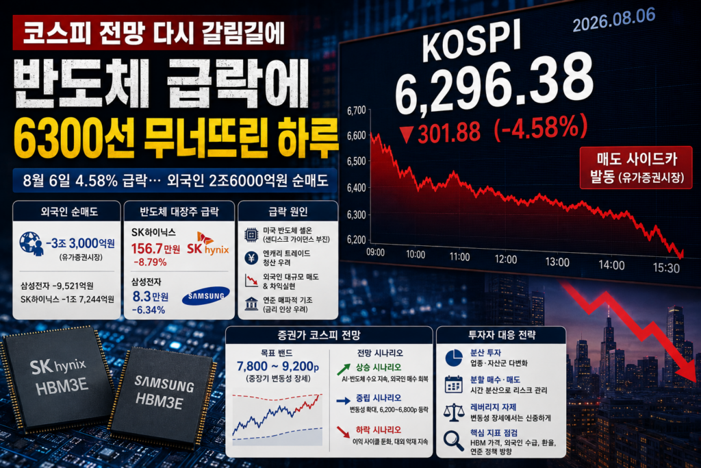 반도체 급락으로 흔들리는 코스피 전망을 보여주는 전광판과 하락 그래프