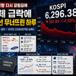 반도체 급락으로 흔들리는 코스피 전망을 보여주는 전광판과 하락 그래프