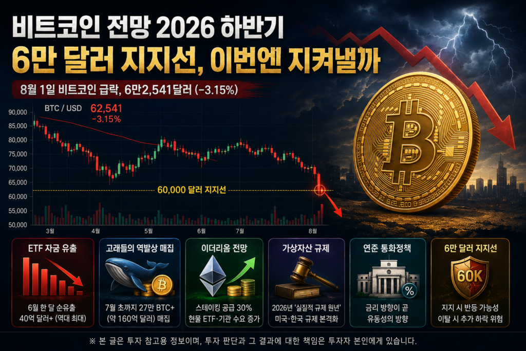 6만 달러 지지선을 앞둔 비트코인 전망을 나타내는 하락 캔들 차트와 비트코인 심볼