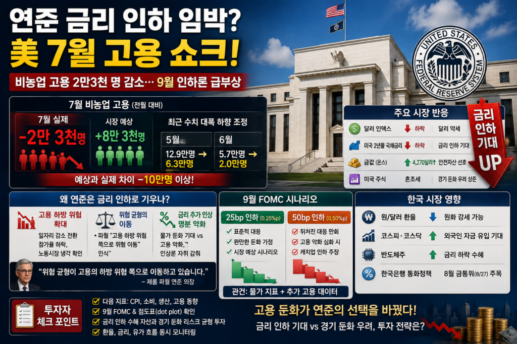 연준 금리 인하 가능성을 시사하는 미국 연방준비제도 건물과 고용 지표 그래프