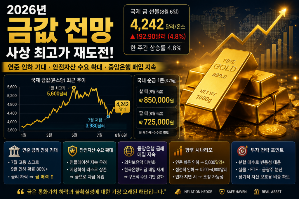 2026년 금값 전망을 상징하는 금괴와 상승 그래프