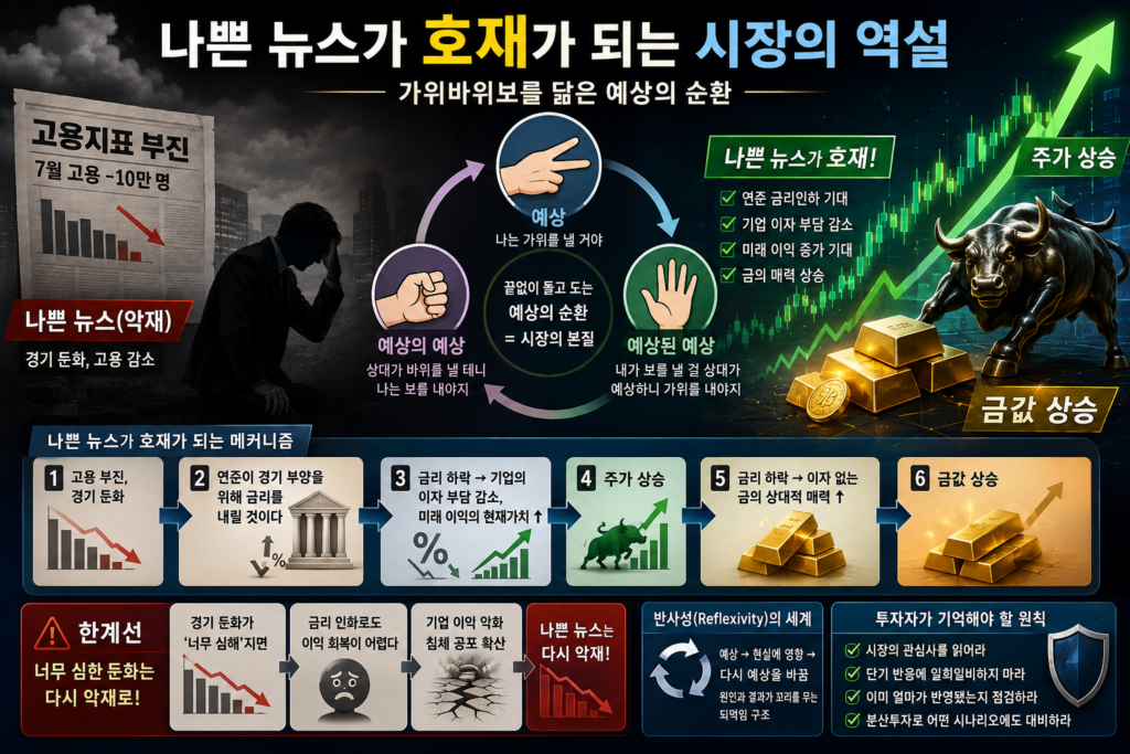 나쁜 뉴스가 호재가 되는 시장의 역설을 상징하는 가위바위보 손 모양과 상승 주가 그래프
