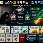 나쁜 뉴스가 호재가 되는 시장의 역설을 상징하는 가위바위보 손 모양과 상승 주가 그래프