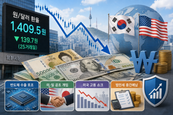 원달러 환율 전망을 보여주는 서울 외환시장 전광판과 원화·달러 지폐 이미지