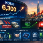 코스피 전망을 보여주는 6300선 코스피 지수 전광판과 상승 그래프