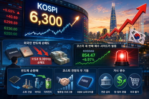 코스피 전망을 보여주는 6300선 코스피 지수 전광판과 상승 그래프
