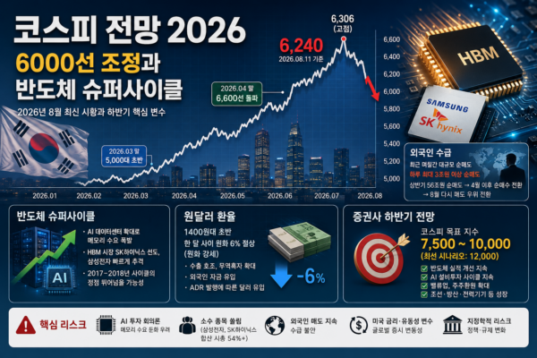 코스피 전망을 나타내는 2026년 코스피 지수 상승 그래프와 반도체 이미지