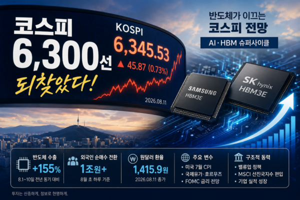 6300선을 회복한 코스피 지수 전광판과 반도체주 강세를 반영한 코스피 전망 이미지