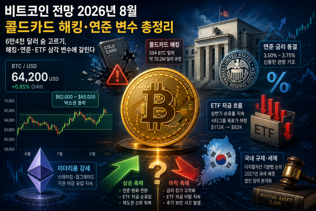 2026년 8월 비트코인 전망을 나타내는 비트코인 시세 차트와 상승·하락 화살표 이미지