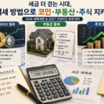 절세 방법을 정리하는 계산기와 세금 서류, 동전이 놓인 책상