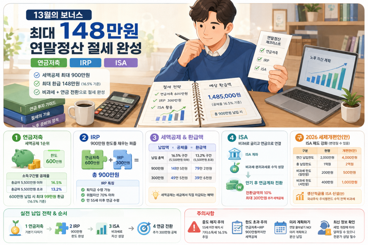 13월의 월급 148만원 만들기, 연금저축·IRP·ISA 연말정산 절세법 매년 초 직장인의 통장을 갈라놓는 것이 바로 연말정산이다. 누군가는 '13월의 월급'을 받고, 누군가는 오히려 세금을 토해낸다. 이 차이를 가르는 가장 강력한 무기가 바로 연금저축·IRP·ISA 세 가지 절세 계좌다. 연말정산 절세를 제대로 하려면 이 세 계좌의 세액공제 한도와 세율, 그리고 활용 순서를 정확히 아는 것이 핵심이다. 오늘은 이 세 계좌만으로 매년 최대 148만원 안팎을 돌려받는 연말정산 절세 전략을, 2026년 세제개편안 변화까지 포함해 처음부터 끝까지 정리한다.